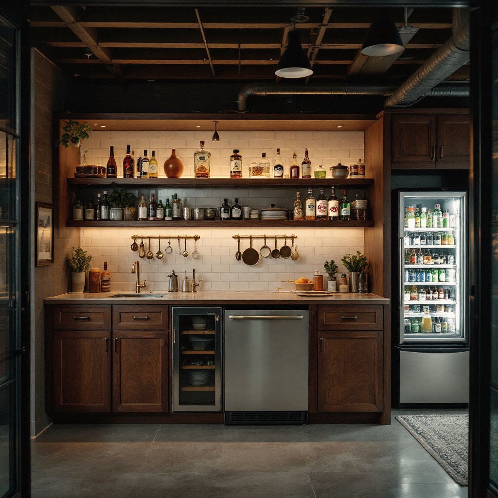 Finished basement bar with stone counter and warm layered lighting