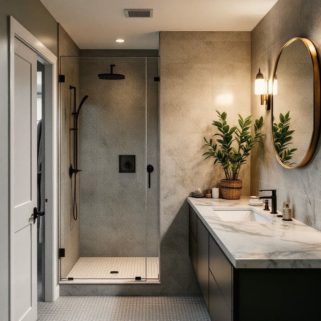 New basement bathroom with tiled walk-in shower