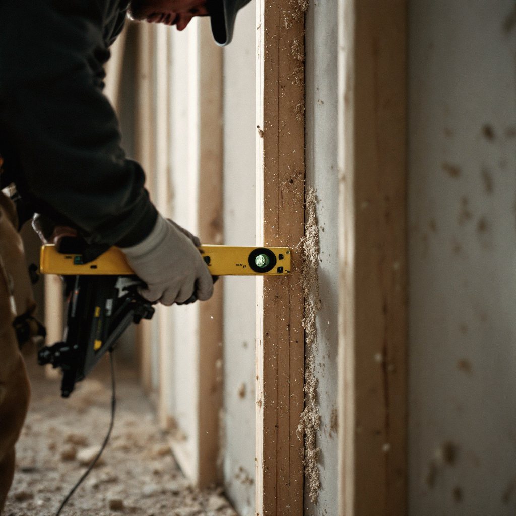 Builder reviewing framing work in a basement