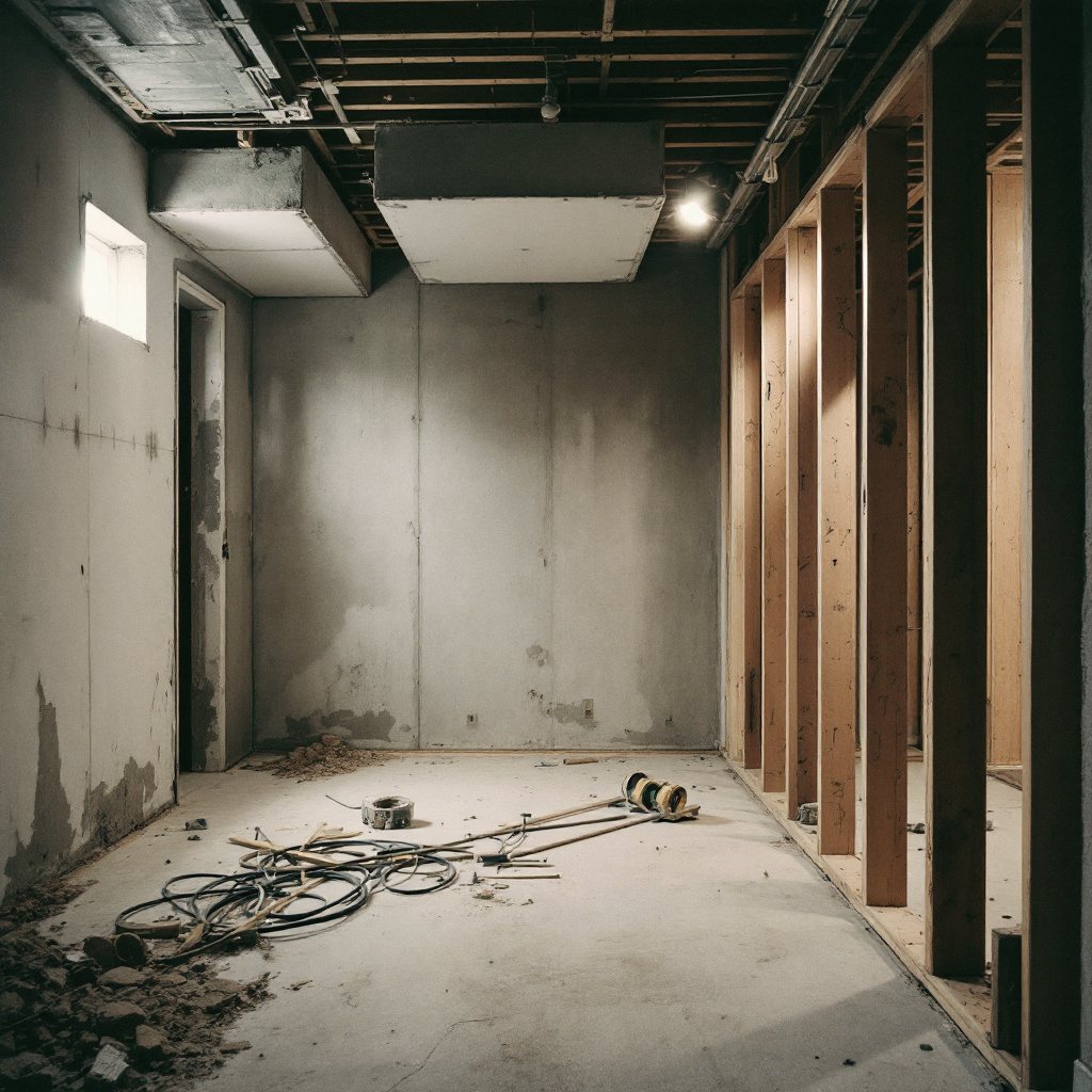 Finished basement family room, wide view