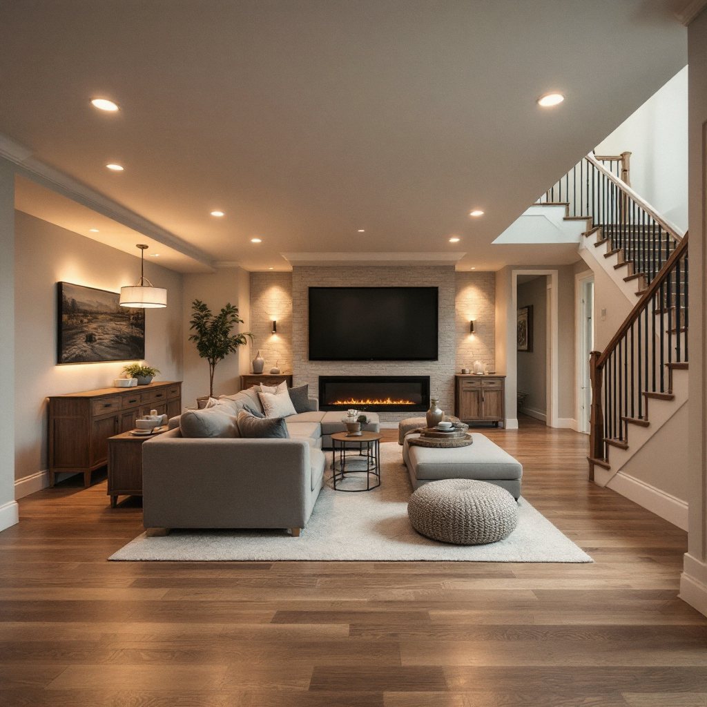 Finished basement living space with stone accent wall