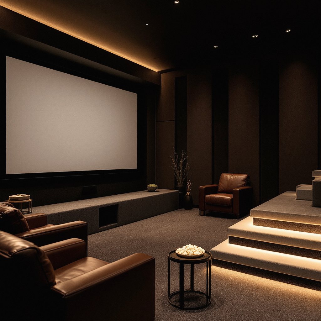 Dedicated basement home theater with screen and tiered seating